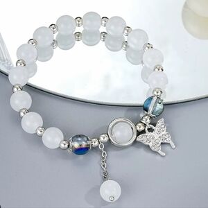 Moonstone & Cats Eye Glass Beads‎ Butterfly Stretch Charm Bracelet for Women